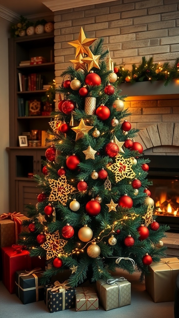 Creative 5-Foot Christmas Tree Ideas A 5-foot Christmas tree decorated with red and gold ornaments and lights in a cozy living room.